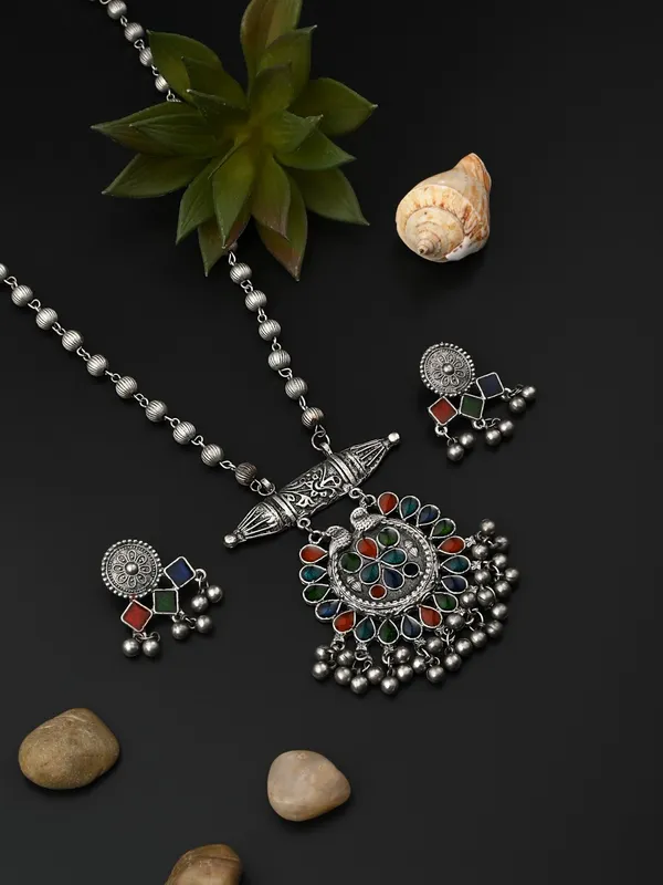 Silver_Oxidised_Finish_Meenakari_Jewellery_Set