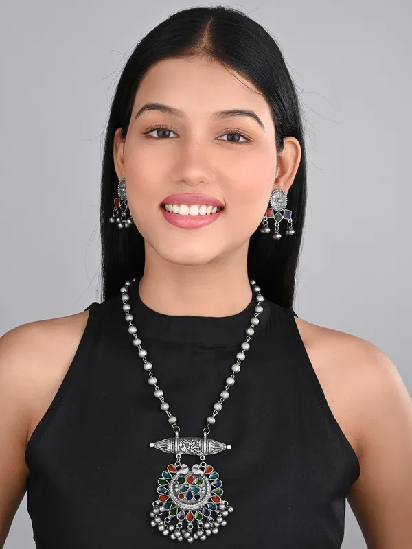 Silver_Oxidised_Finish_Meenakari_Jewellery_Set