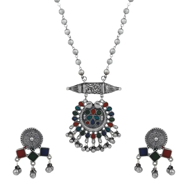 Silver_Oxidised_Finish_Meenakari_Jewellery_Set