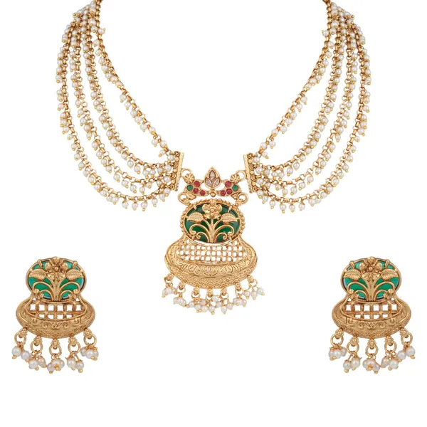 Antique_Gold_Layered_Kundan_Necklace_Set_with_drop_Earrings_Red