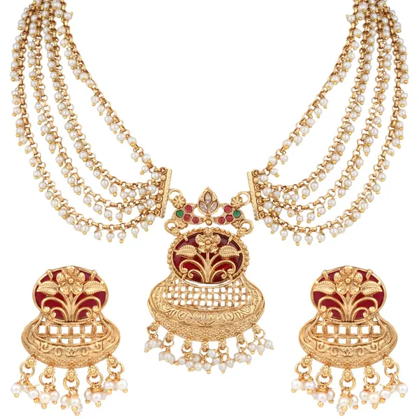 Antique_Gold_Layered_Kundan_Necklace_Set_with_drop_Earrings_Red