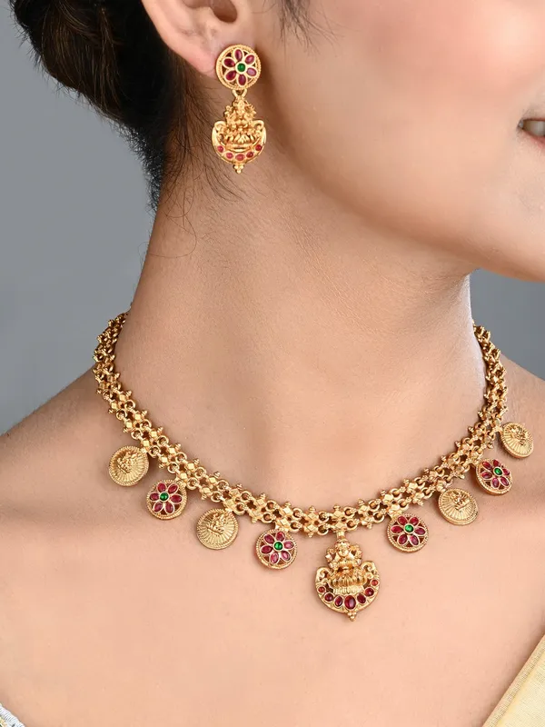Antique_Gold_Floral_Coin_Necklace_Set_with_Kundan_Jhumka_Earrings