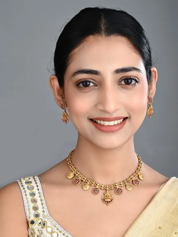 Antique_Gold_Floral_Coin_Necklace_Set_With_Kundan_Jhumka_Earrings