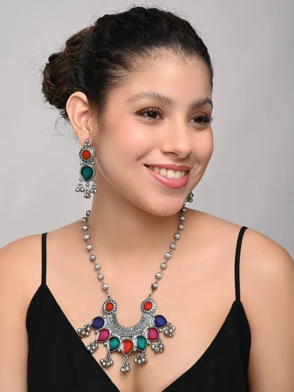Silver_Oxydised_finish_Crescent_Pendant_necklace_set