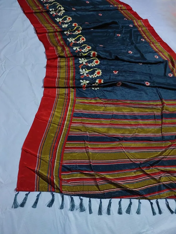 Blue_Embroidered_Saree_With_Tassel_Border_for_Women