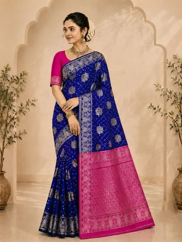 Blue_Elephant_Motif_Saree_With_Pink_Border