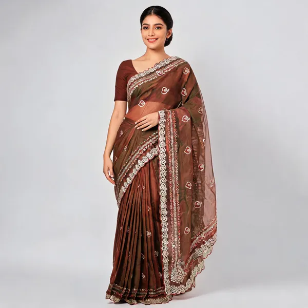 Brown_Fandi_Double_Shade_With_Zarkhan_Stone_Work_Saree_For_Women