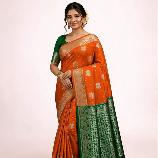 Orange_&_Green_Litchi_Silk_Saree_For_Women