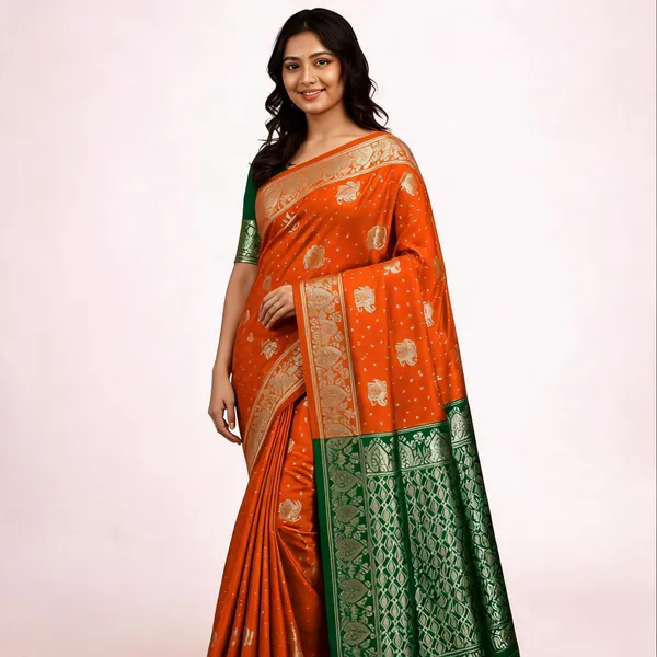 Orange_&_Green_Litchi_Silk_Saree_For_Women