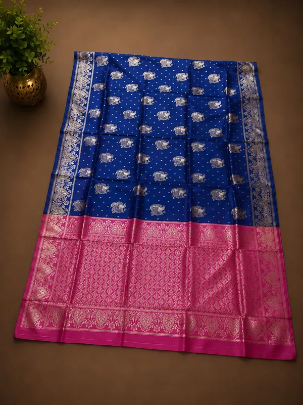 Blue_Elephant_Motif_Saree_With_Pink_Border