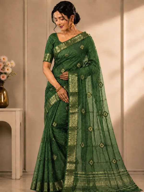 Green_organza_Saree_with_satari_work_For_Women