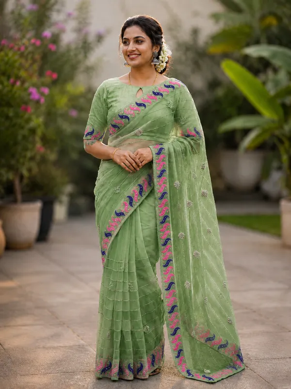 Green_twill_Net_With_Handwork_Stone_And_Satari_work_saree