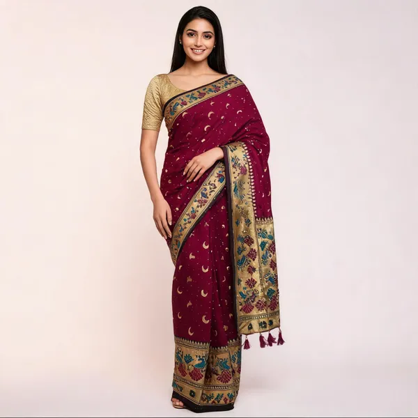 Maroon_Banarasi_Silk_Chandraona_With_Small_Stone_Saree_For_Women