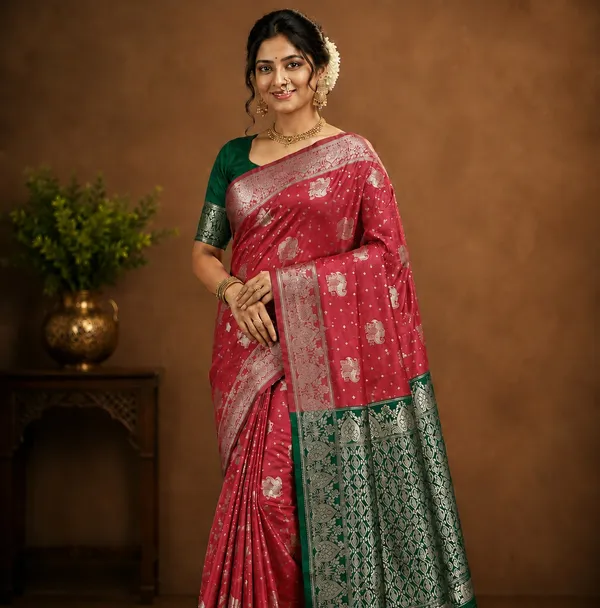 Pink_Woven_Saree_with_Green_Border_for_Women