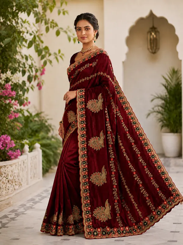 Maroon_fandi_double_shade_saree_with_zarkan_stone_work