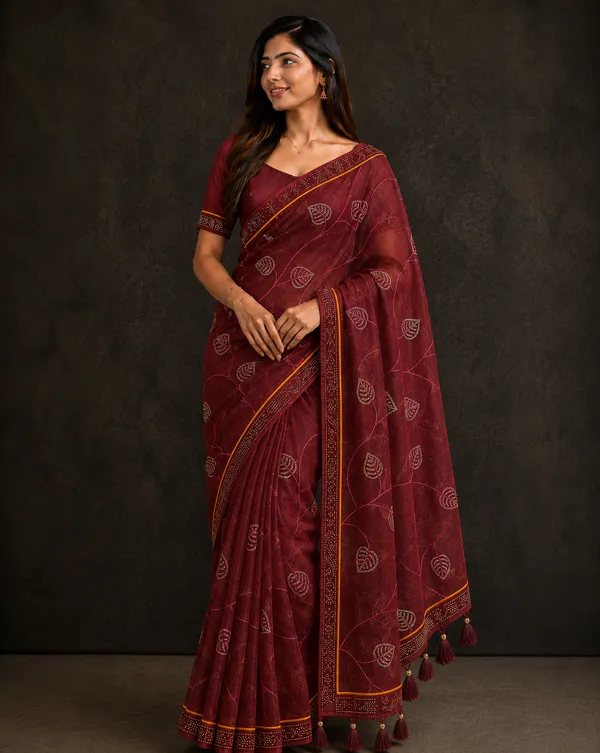 Maroon_twill_Net_With_Satari_Work_Saree_For_Women