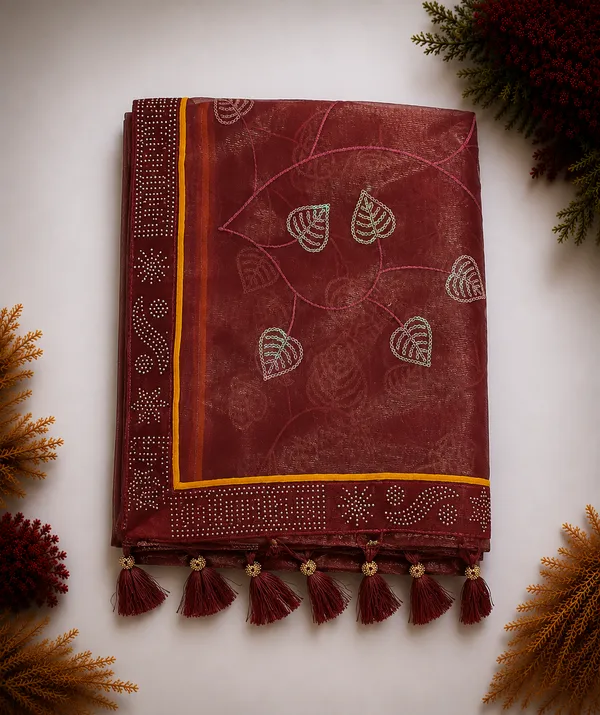 Maroon_twill_Net_With_Satari_Work_Saree_For_Women