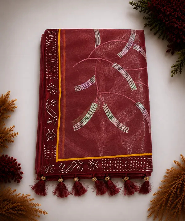 Maroon_twill_Net_With_Satari_Work_Saree_For_Women