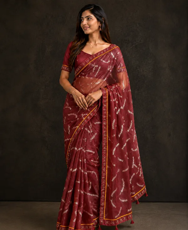 Maroon_twill_Net_With_Satari_Work_Saree_For_Women