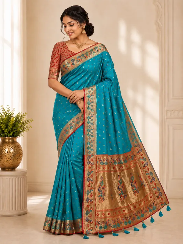 Teal_Banarasi_Silk_Chandraona_With_Small_Stone_Saree_For_Women
