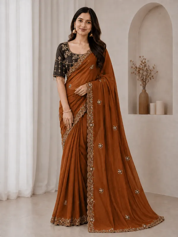 Orange_handwork_Saree_With_readymade_blouse_and_seperate_blouse_For_Women