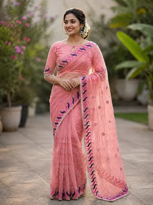 Peach_twill_Net_With_Handwork_Stone_And_Satari_work_saree