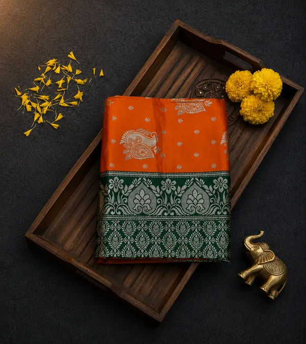 Orange_&_Green_Litchi_Silk_Saree_For_Women