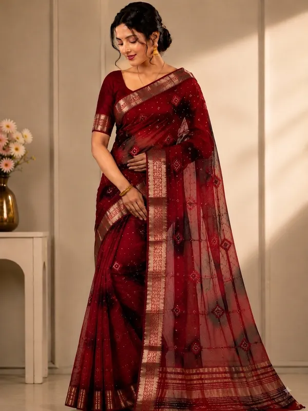 Red_organza_Saree_with_satari_work_For_Women
