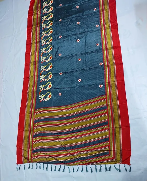 Blue_Embroidered_Saree_With_Tassel_Border_for_Women