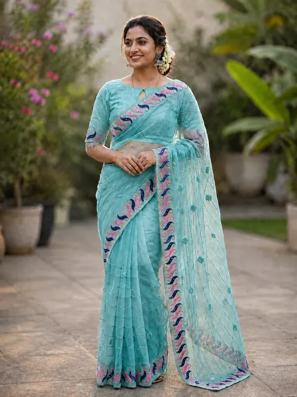 Sky_twill_Net_With_Handwork_Stone_And_Satari_work_saree