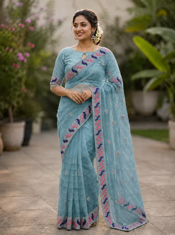 Sky_twill_Net_With_Handwork_Stone_And_Satari_work_saree