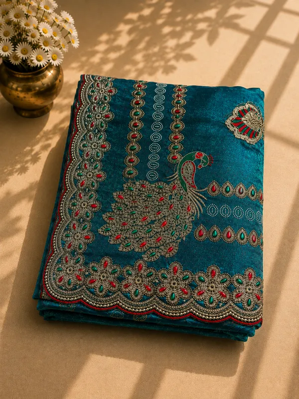 Teal_fandi_double_shade_saree_with_zarkan_stone_work