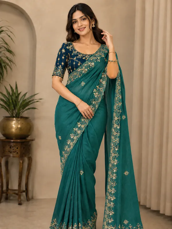 Teal_handwork_Saree_With_readymade_blouse_and_seperate_blouse_For_Women