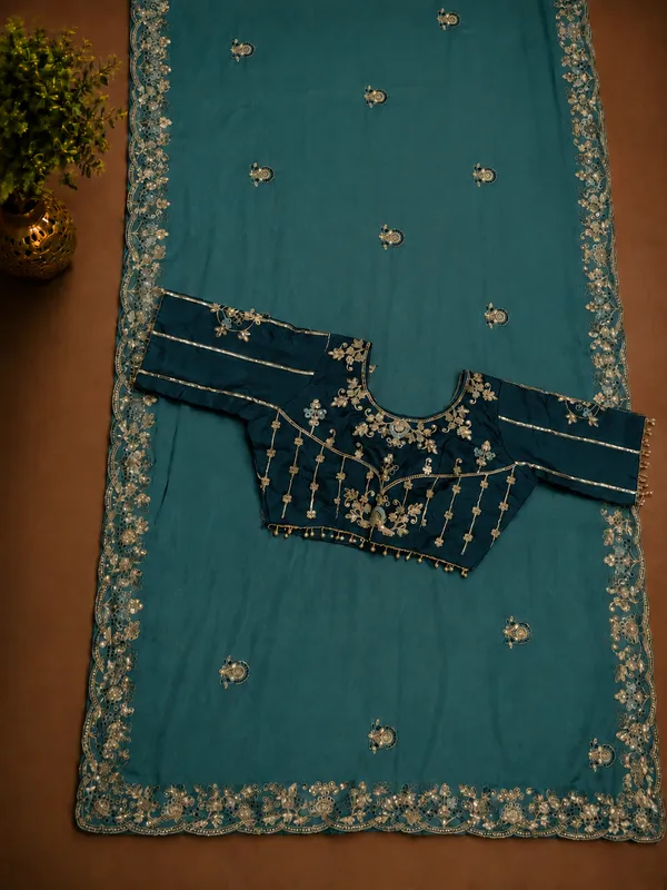 Teal_handwork_Saree_With_readymade_blouse_and_seperate_blouse_For_Women