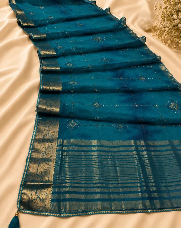 Teal_organza_Saree_with_satari_work_For_Women