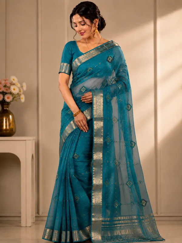 Teal_organza_Saree_with_satari_work_For_Women
