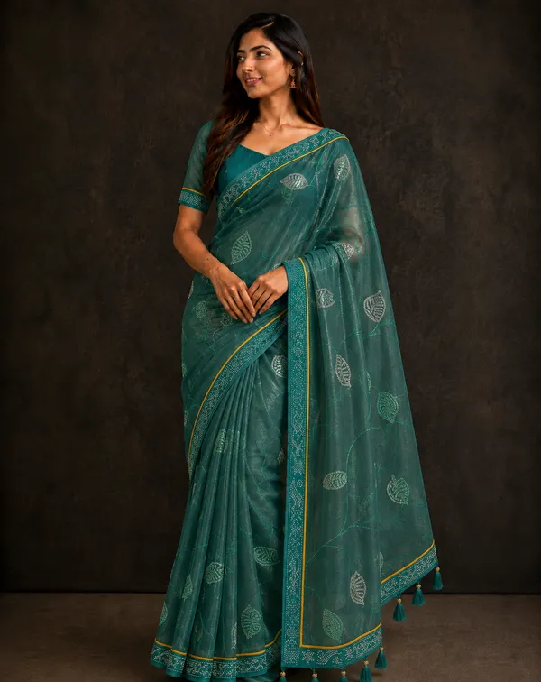 Teal_twill_Net_With_Satari_Work_Saree_For_Women