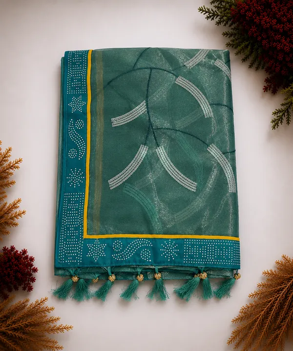 Teal_twill_Net_With_Satari_Work_Saree_For_Women