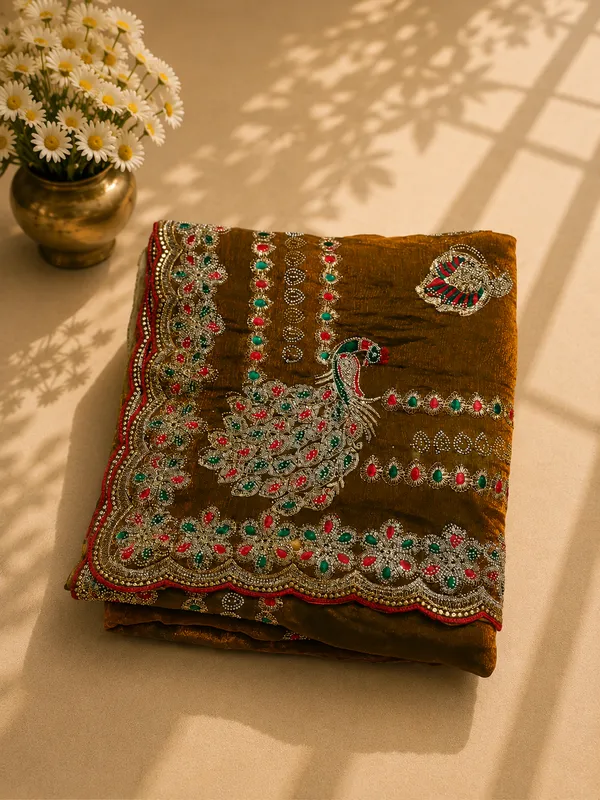 Brown_Fandi_Double_Shade_With_Zarkhan_Stone_Work_Saree_For_Women