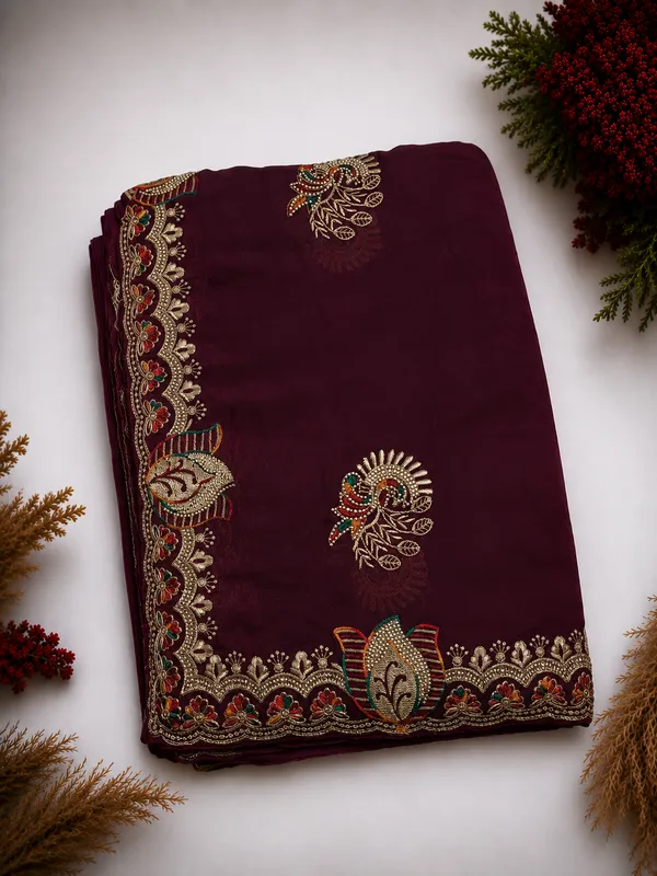Wine_fandi_double_shade_saree_with_heavy_zarkan_embroidery_stone_work_with_floral_motifs_and_beautiful_border_design