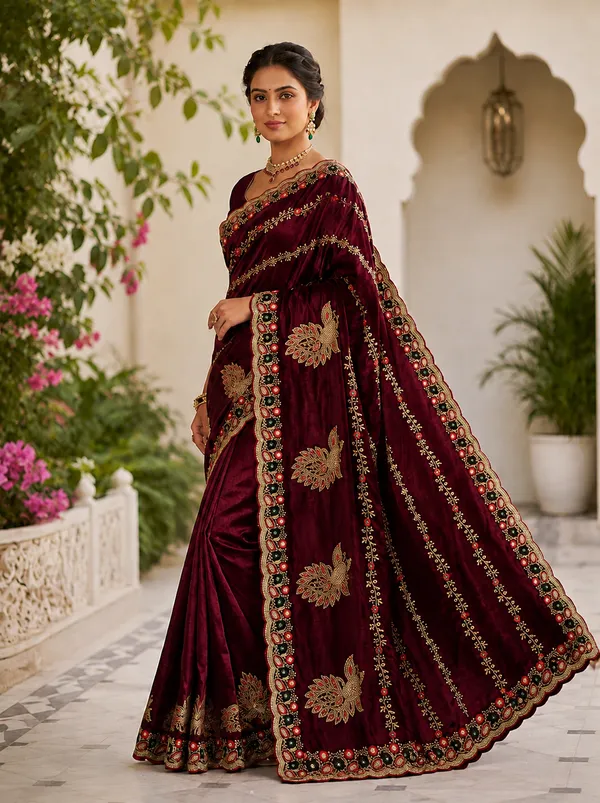 Wine_fandi_double_shade_saree_with_zarkan_stone_work