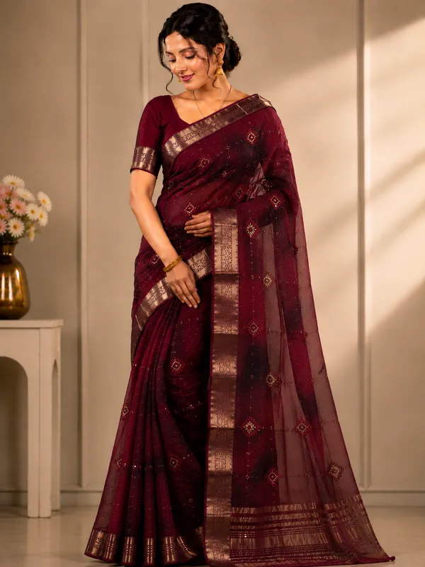 Wine_organza_Saree_with_satari_work_For_Women