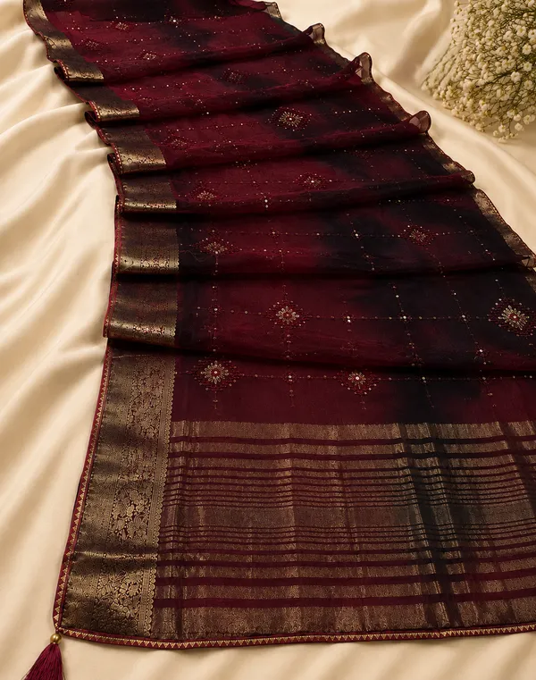 Wine_organza_Saree_with_satari_work_For_Women