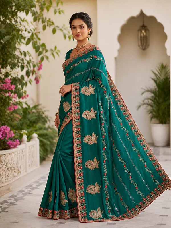 Teal_Fandi_Double_Shade_With_Zarkhan_Stone_Work_Saree_For_Women
