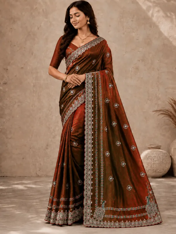 Brown_Fandi_Double_Shade_With_Zarkhan_Stone_Work_Saree_For_Women
