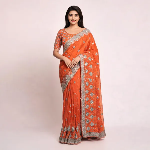 Orange_Jimi_Chu_Silver_Work_Saree_For_Women