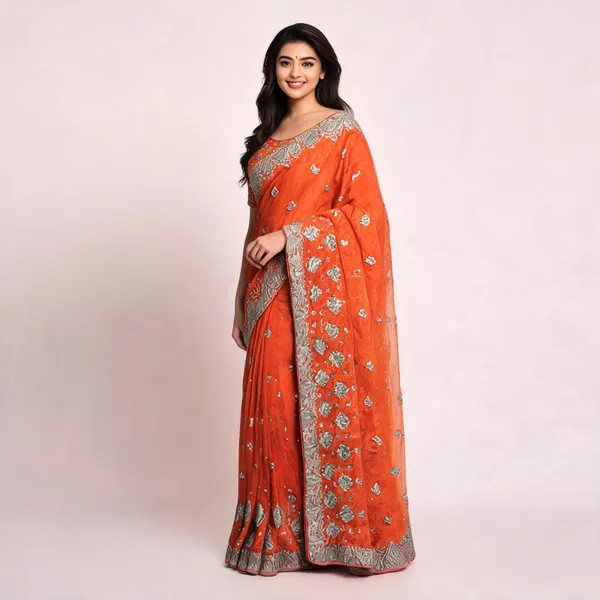Orange_Jimi_Chu_Silver_Work_Saree_For_Women