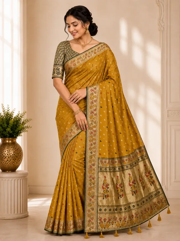 Mustard_Banarasi_Silk_Chandraona_With_Small_Stone_Saree_For_Women