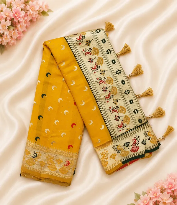 Mustard_Banarasi_Silk_Chandraona_With_Small_Stone_Saree_For_Women