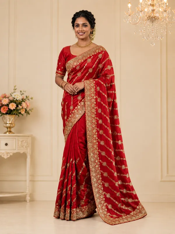 Red_Silver_Work_Saree_For_Women